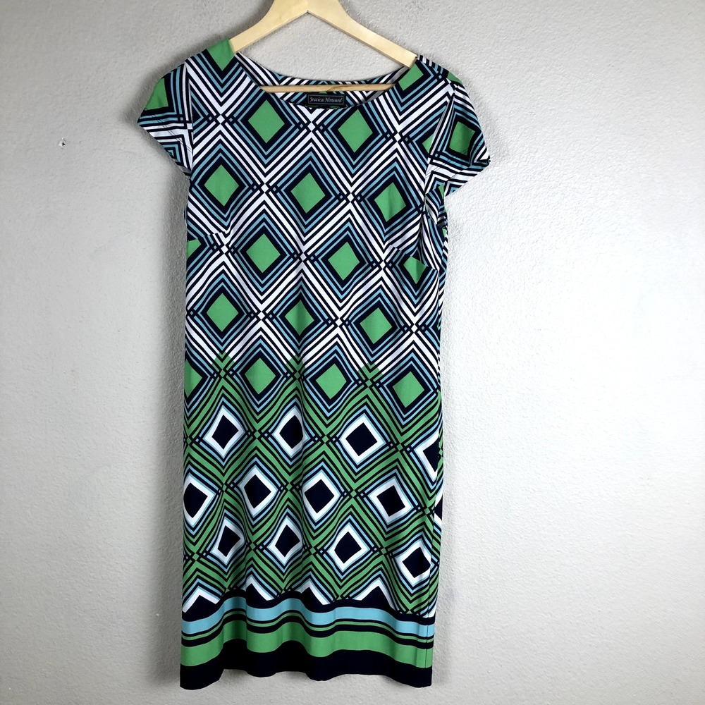 Jessica Howard Geometric Dress Womens Medium Green Blue Corpcore Casual Colorful